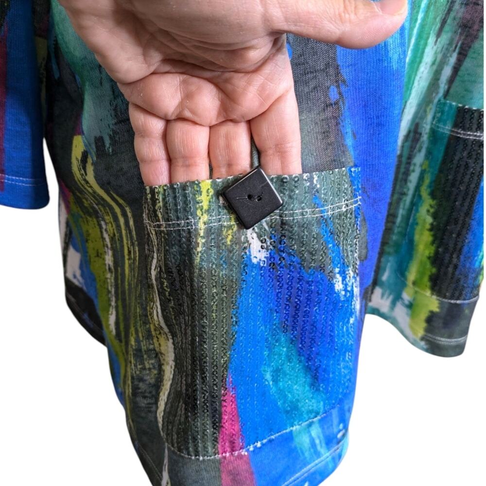 Ali Miles Tunic Top 1X Lagenlook Artsy Abstract Watercolor Sequin Statement - Picture 5 of 10